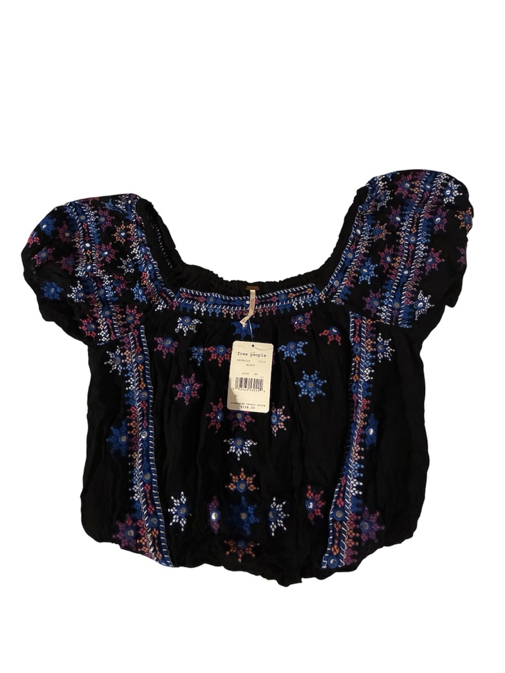 Free People Black Cropped Peasant Top W/ Blue and Pink Embroidery & Tiny Mirrors